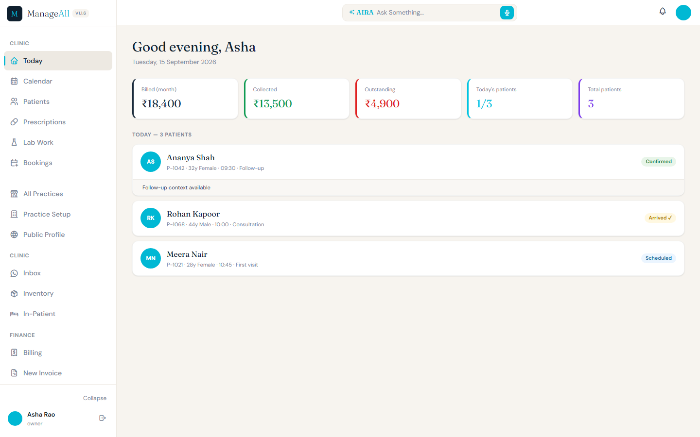 Complete ManageAll Today desktop screen with synthetic patients and visit statuses